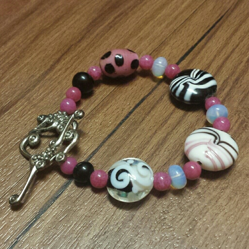 Handmade glass and clay beaded bracelet silver