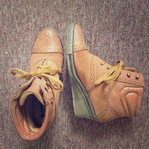 Brown wedge booties