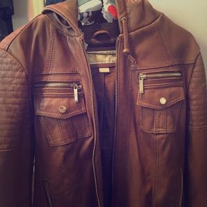 Michael Kors Leather Hooded moto jacket