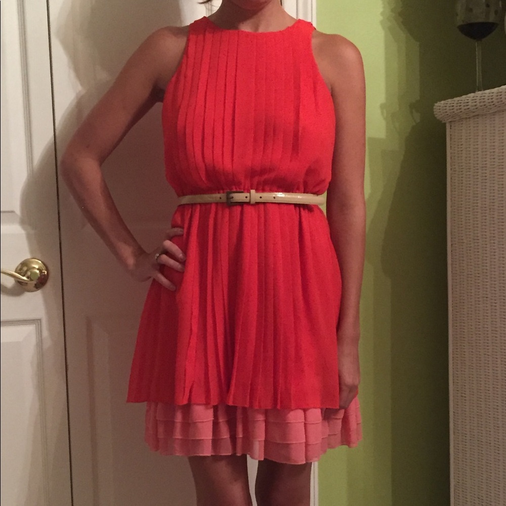 Orangey red/coral color blocked pleated dress.