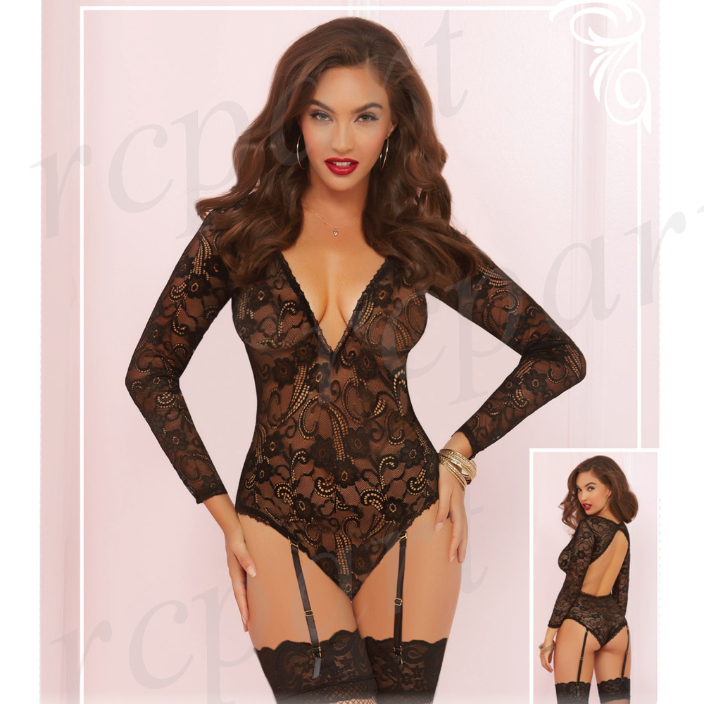 Long sleeve teddy_garters black one size 10663P