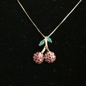 14K gold Cherry pendant (emeralds/rubies) & chain