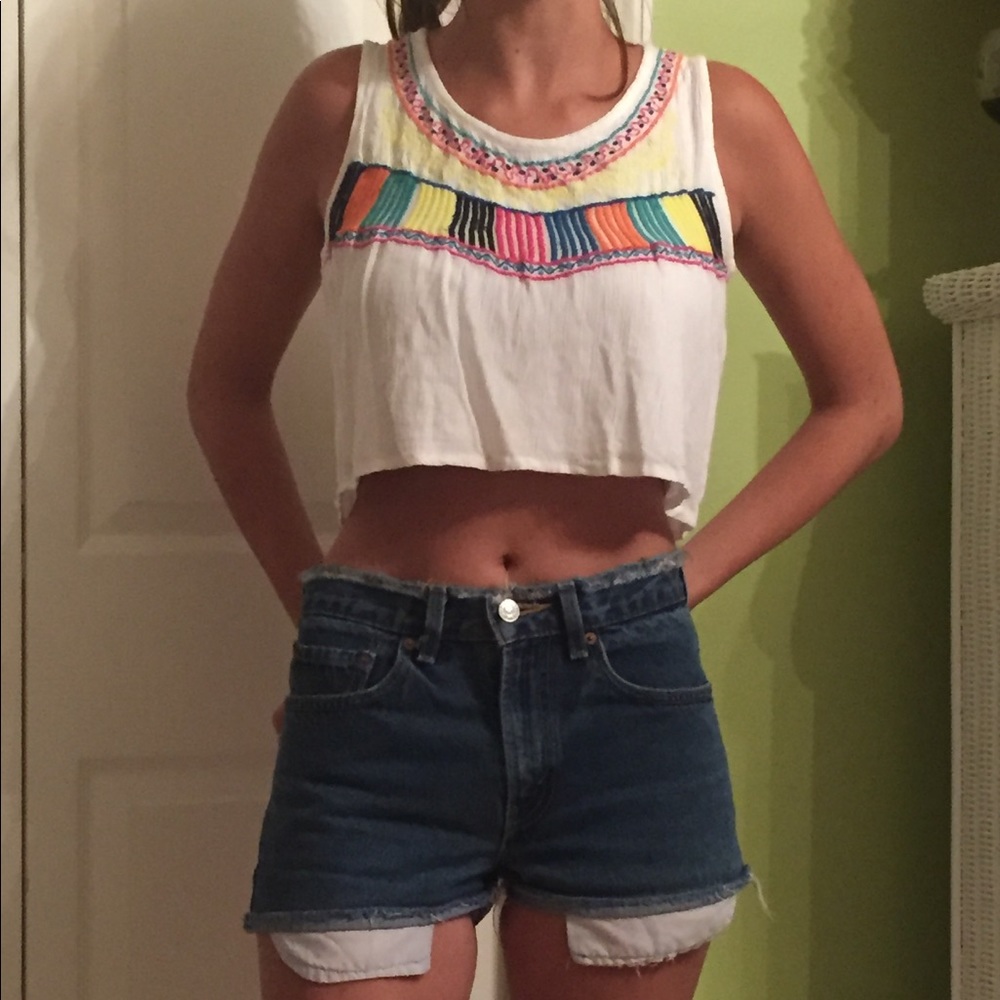 Multicolor embroidery white gauze crop top