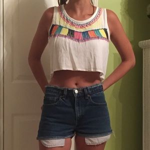 Multicolor embroidery white gauze crop top