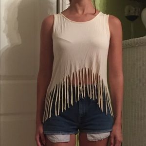 Cream v-back fringe crop top