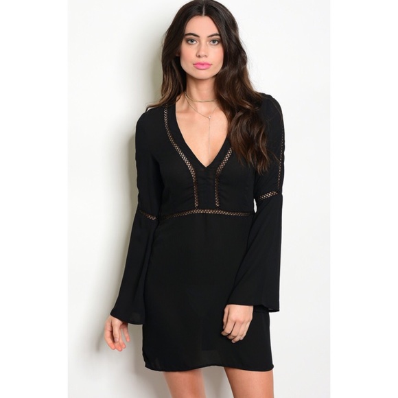 LAST Black Deep V Crochet Bell Sleeve Dress - Picture 2 of 3