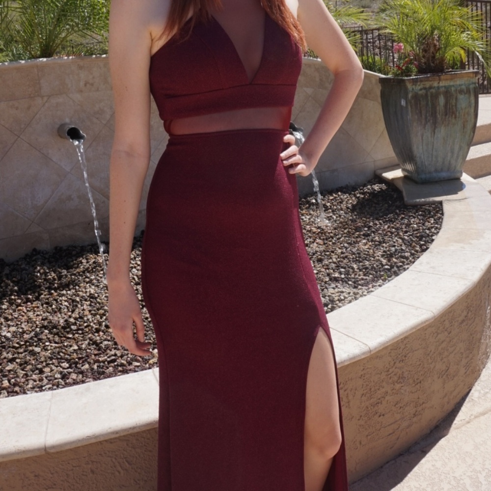 Red mesh cut out long formals dress