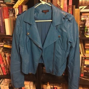 Electric blue faux leather jacket from Nasty Gal