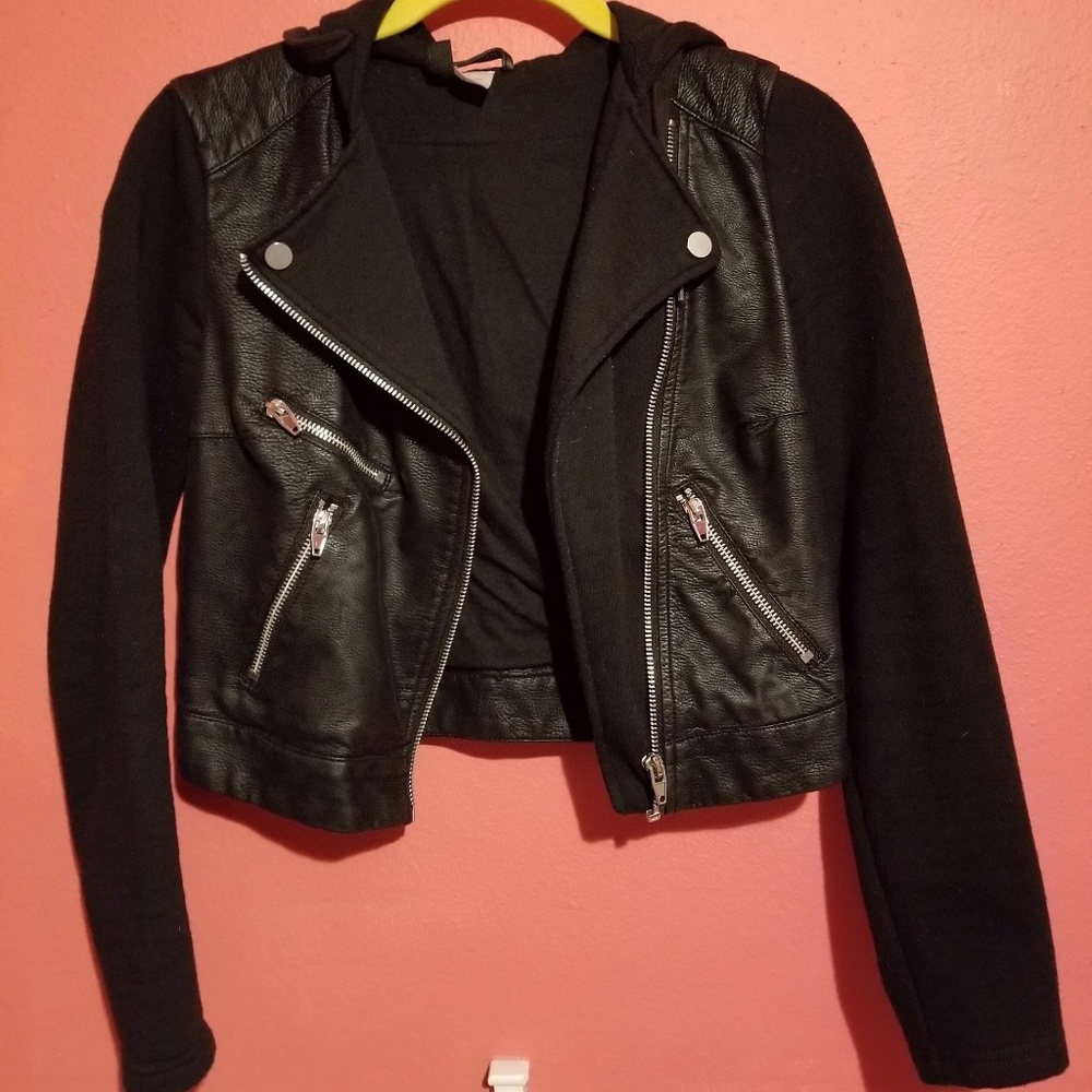 Black, faux leather, hooded, sweater jacket