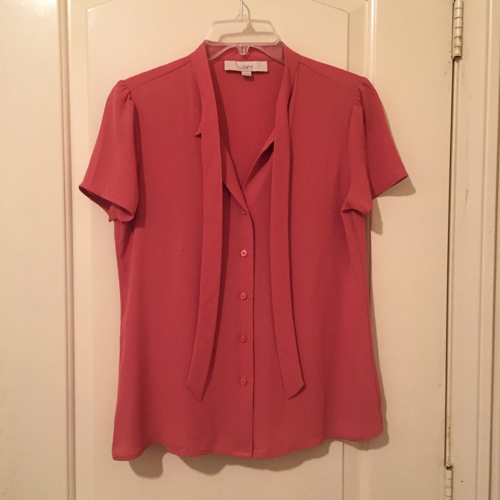 LOFT Peach Bow Tie Button Up Blouse