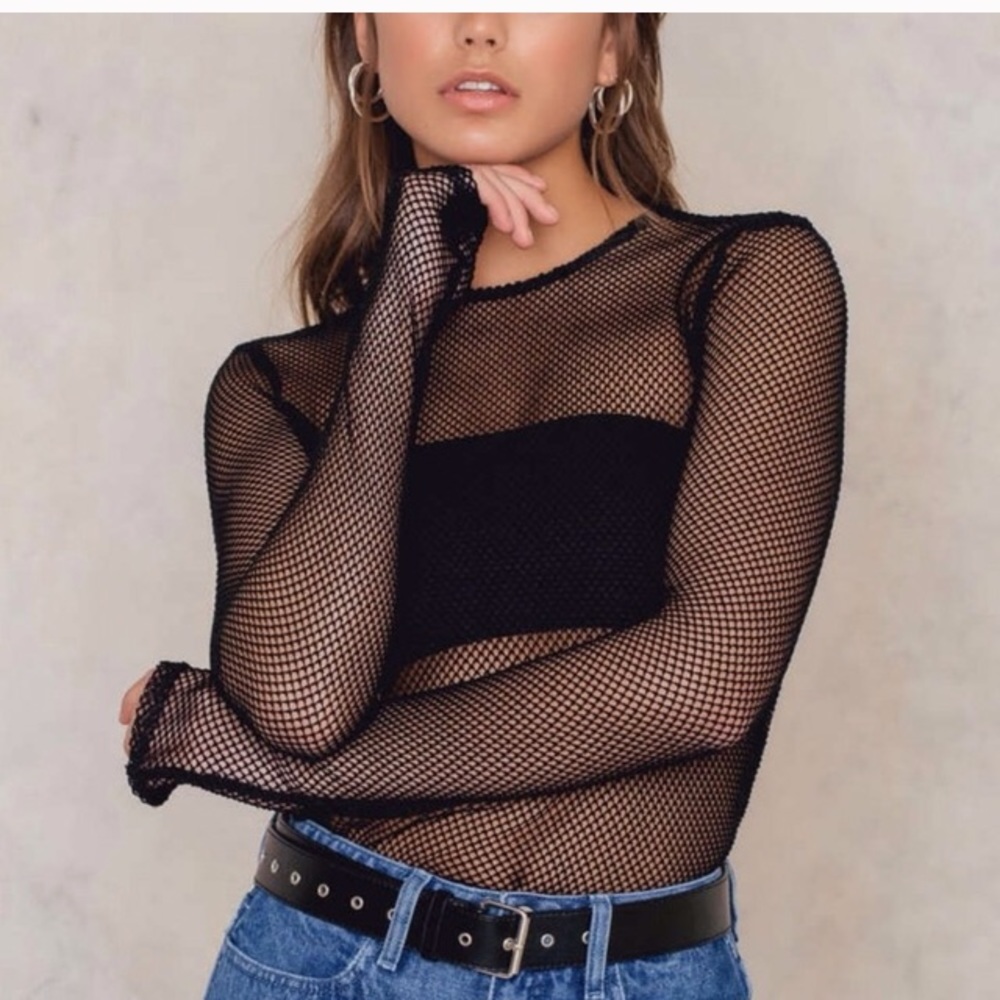Na-Kd Fashion Black Mesh Fishnet Top