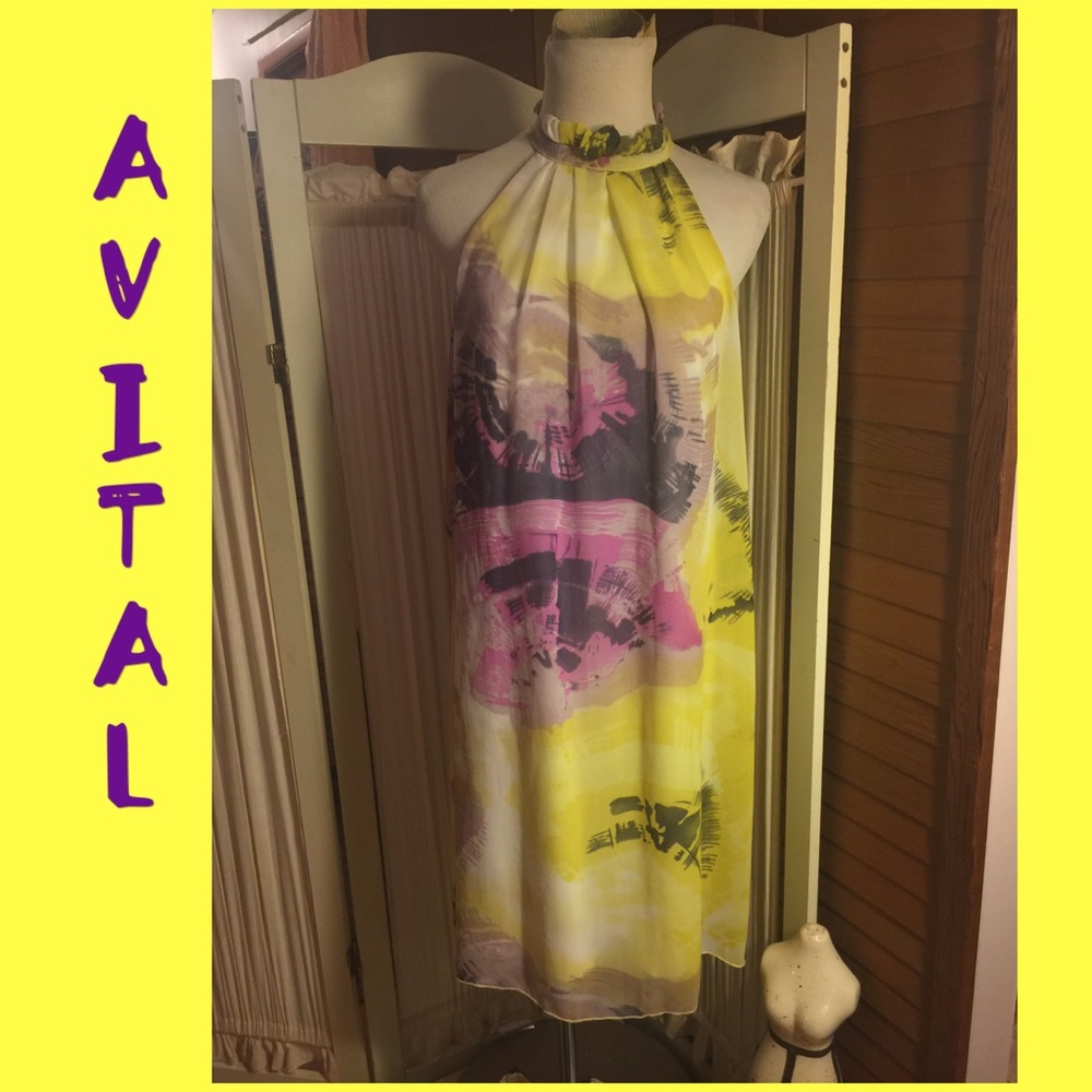LARGE/AVITAL-YELLOW:/MULTI-PRINT HIGH NECK DRESS - Picture 2 of 5