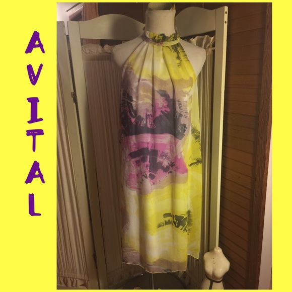 LARGE/AVITAL-YELLOW:/MULTI-PRINT HIGH NECK DRESS - Picture 2 of 5
