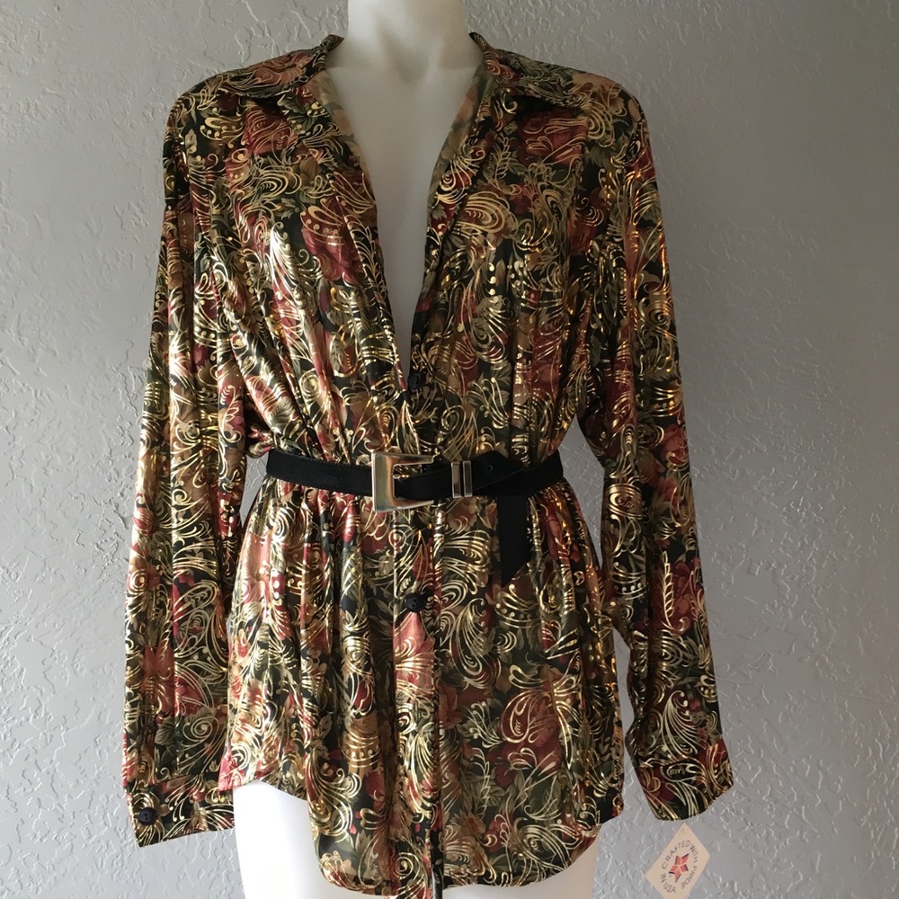 Vintage printed metallic gold button up shirtdress