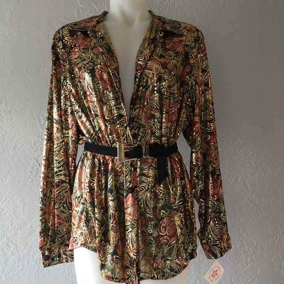 Vintage printed metallic gold button up shirtdress - Picture 1 of 4