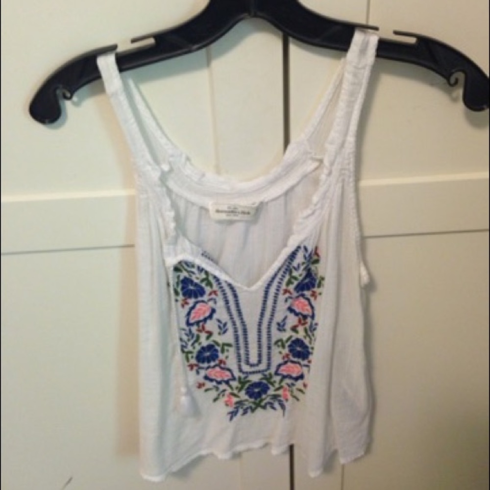 Embroidered white linen tank top