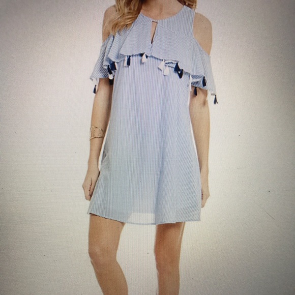 Copper Key Dresses & Skirts - Blue and White Off the Shoulder Tassel Dress