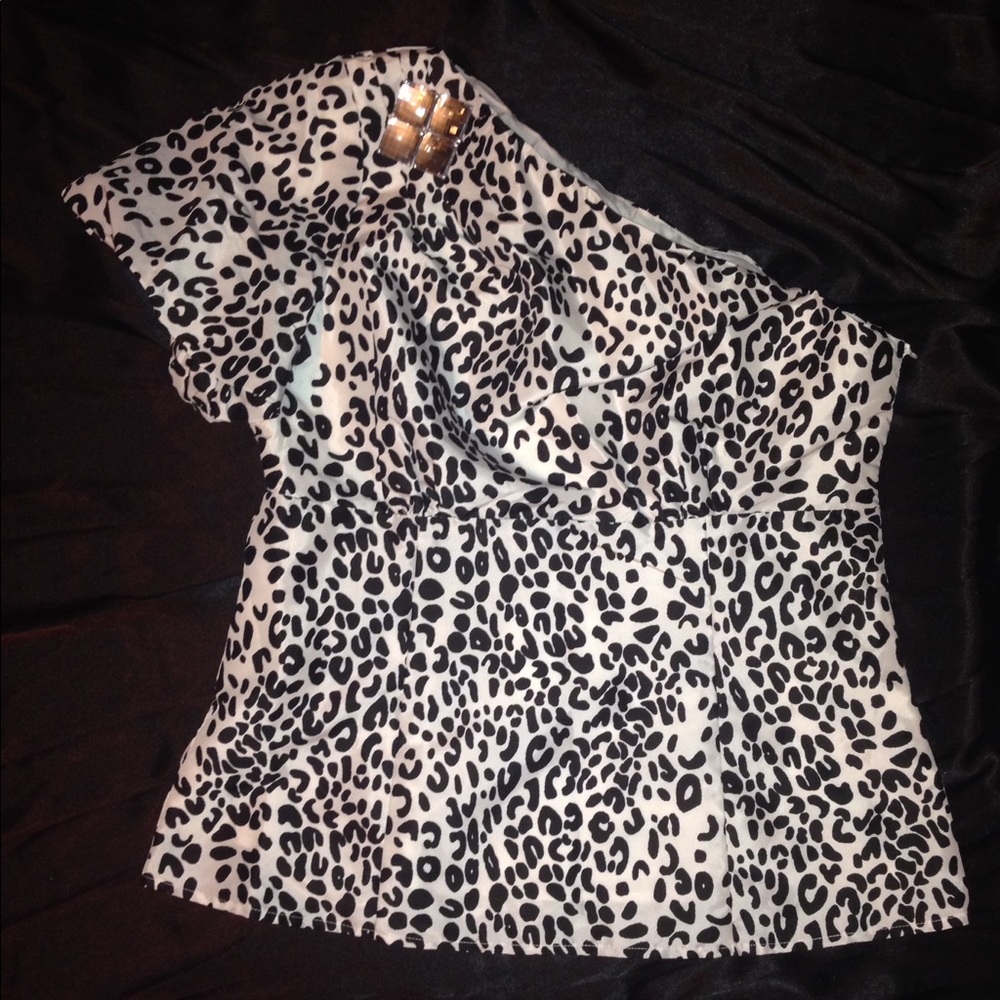 WDNY one shoulder jeweled top.