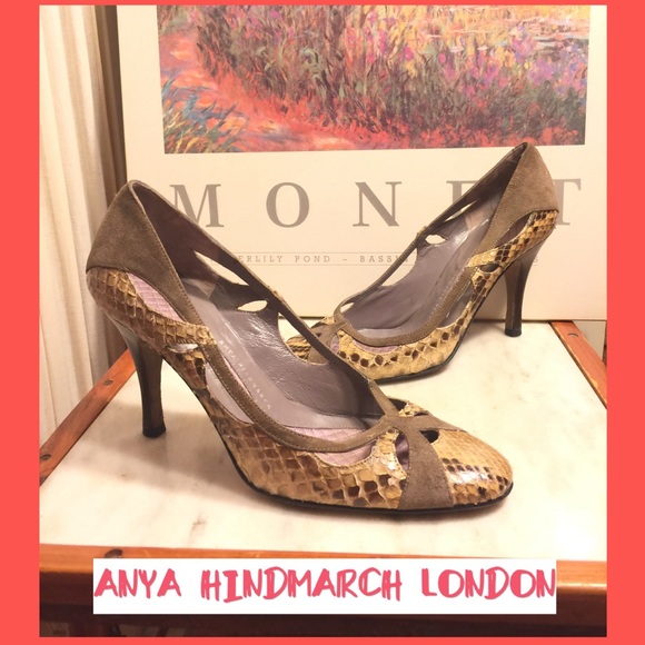 SZ 7-ANYA HINDMARCH LONDON LEATHER SNAKESKIN PUMPS - Picture 1 of 7