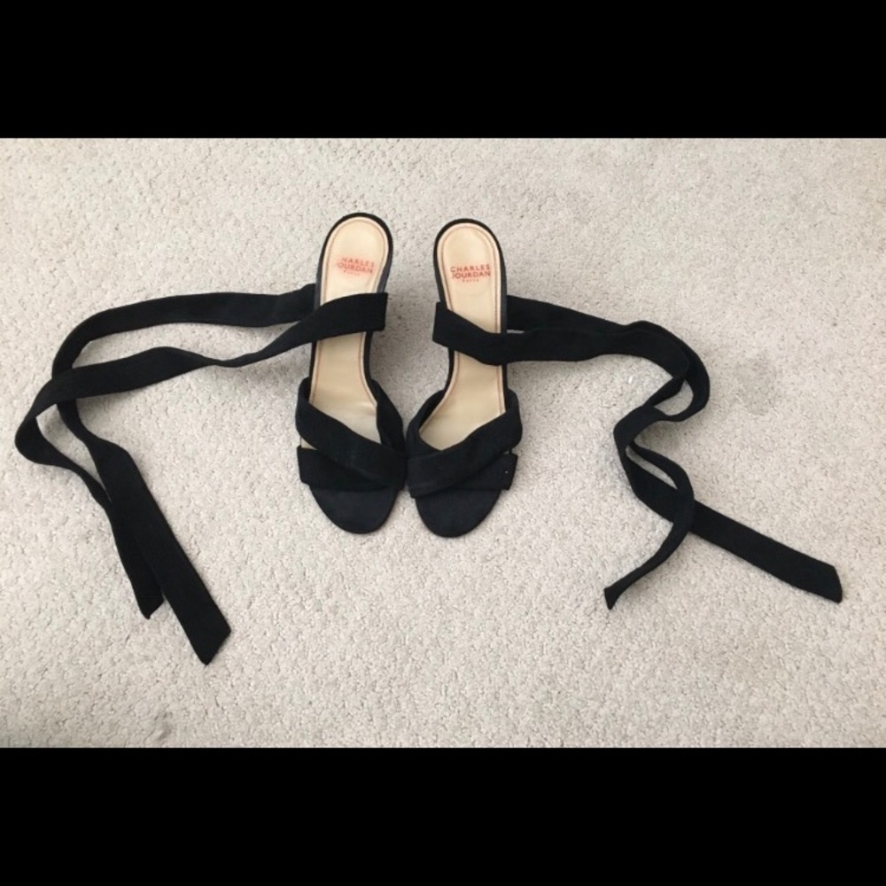 Charles Jourdan Velvet ankle tie wedge