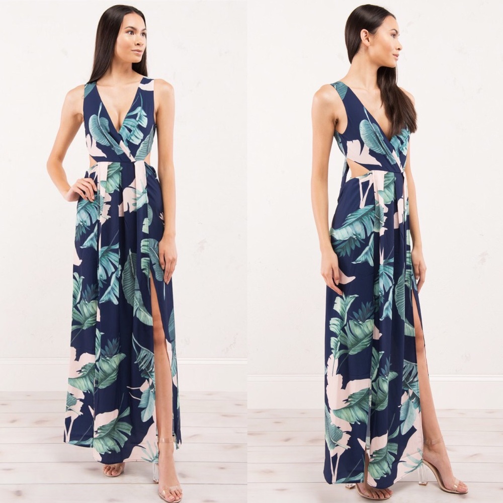 Palm Leaf Maxi One Piece Dress with Slit