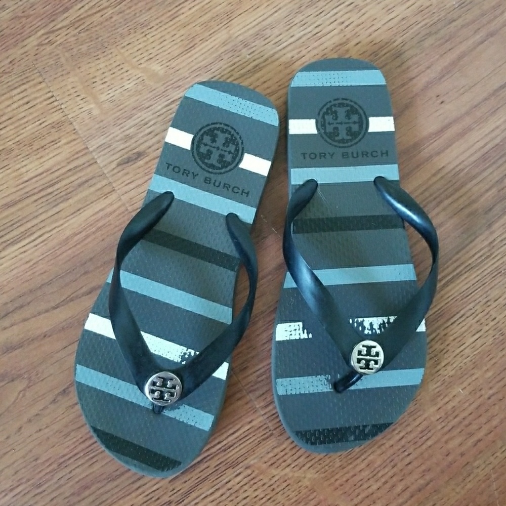 Tory Burch flip flops-blue, black, and white