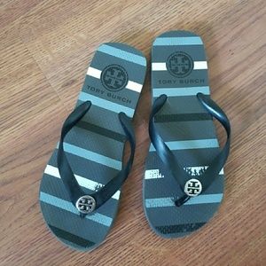 Tory Burch flip flops-blue, black, and white