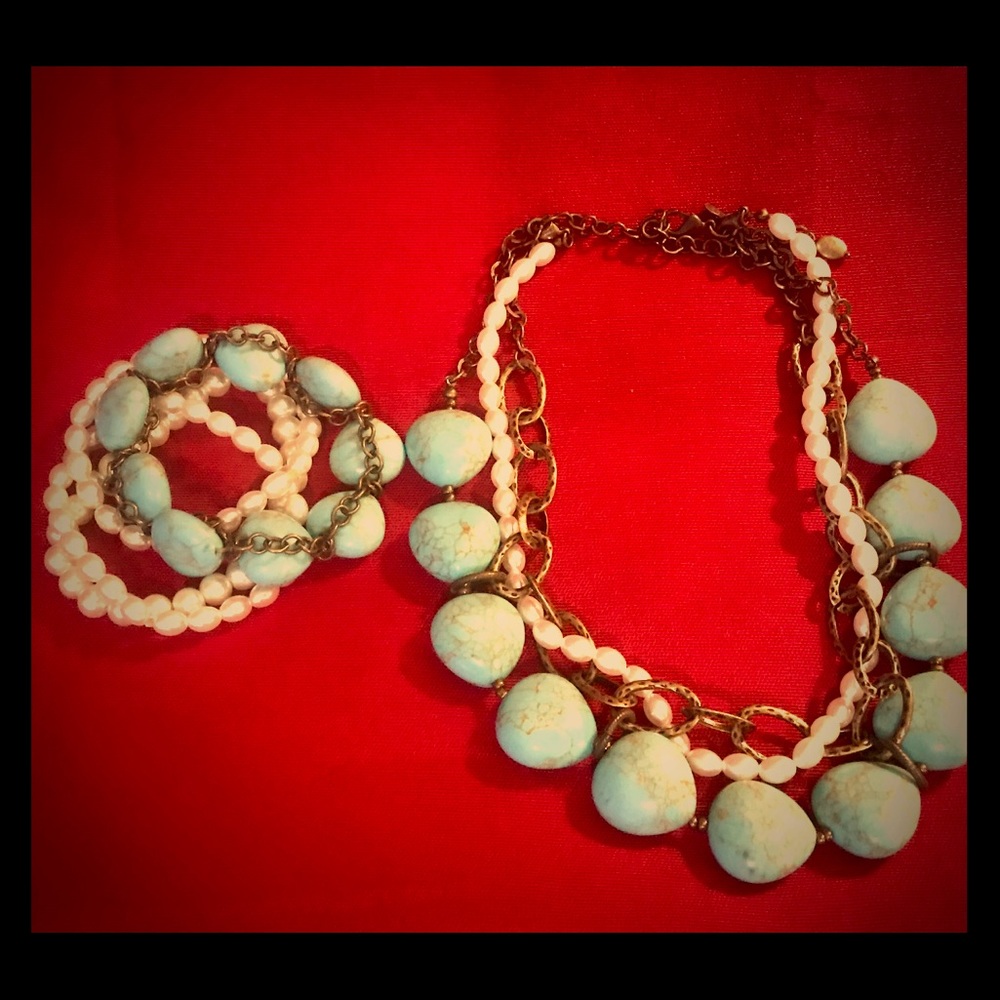 Turquoise, pearls, antique copper.