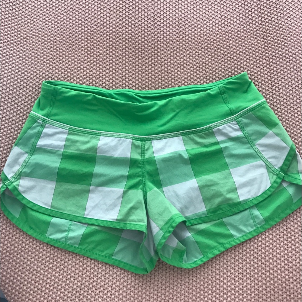 Green plaid Lululemon speed shorts. 4 way stretch.
