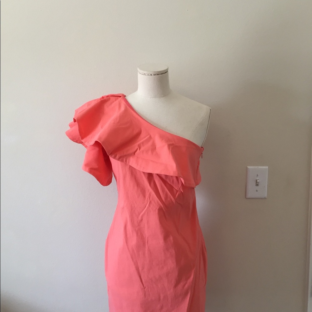 One shoulder peach dress with ruffled sleeve