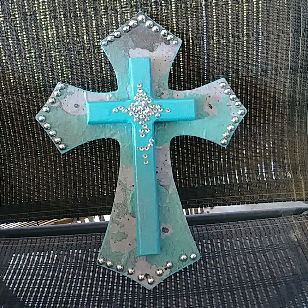 Tiffany color blue homemade cross with rhinestones