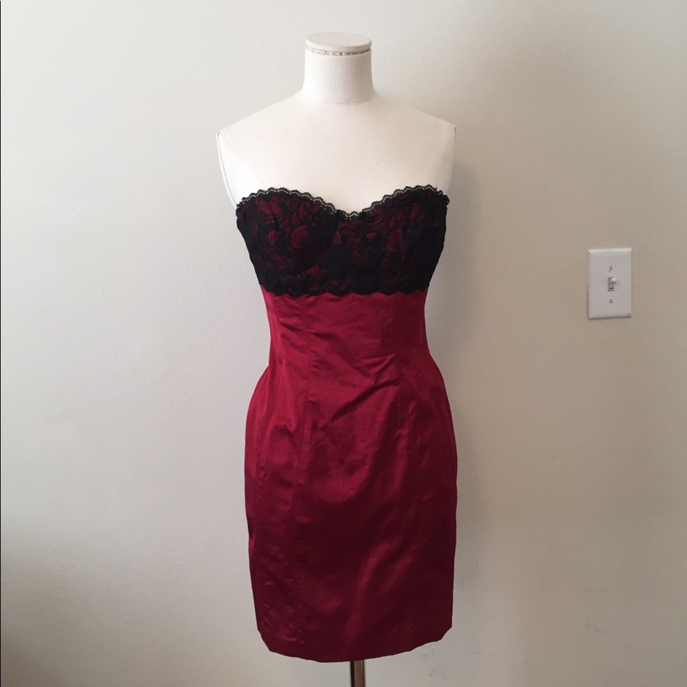Red strapless dress with black lace