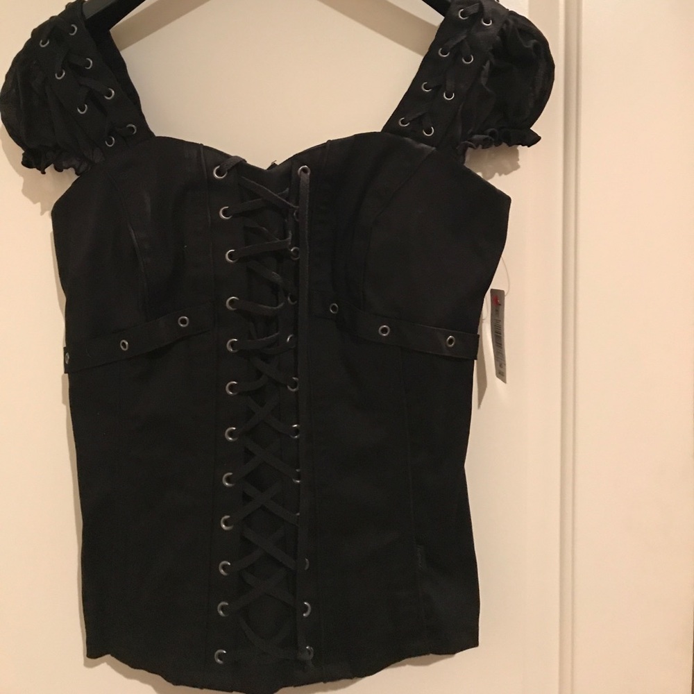 Black corset top zip up back sheer sleeves NWT