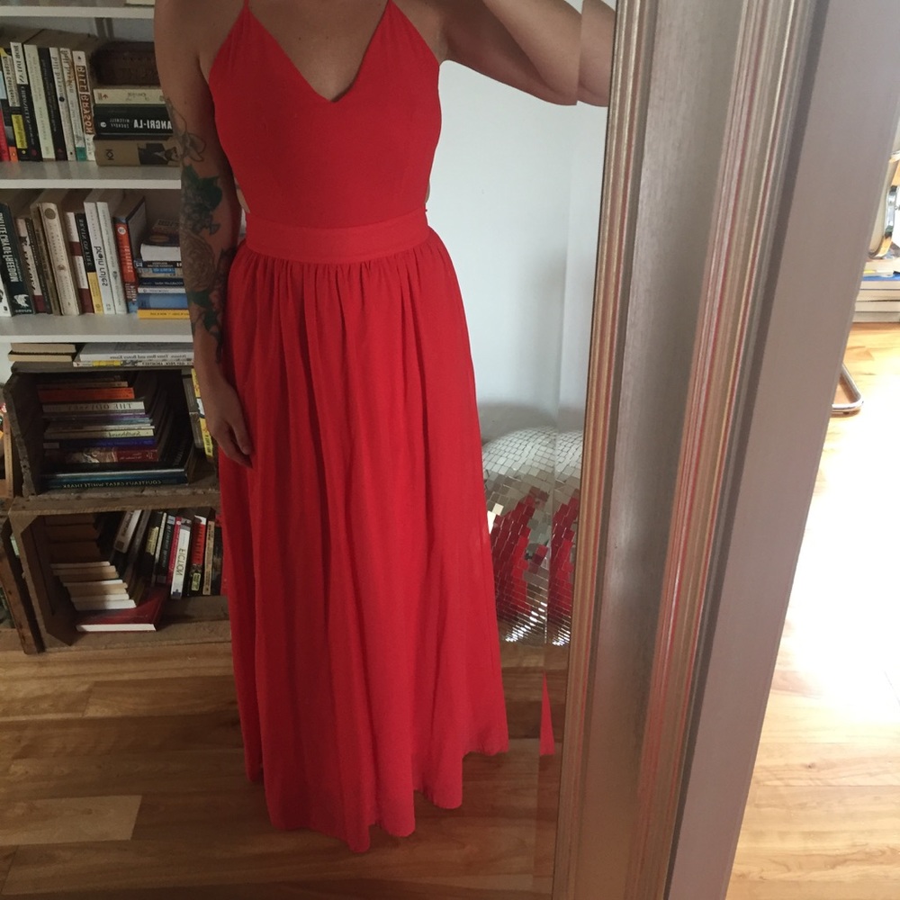 Red maxi strappy backless dress chiffon
