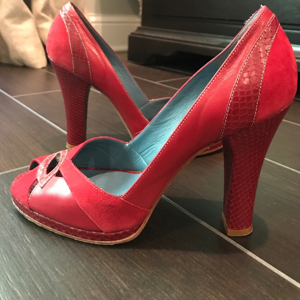 Marc Jacobs Suede & Snakeskin Peep Toe Pumps 38.5