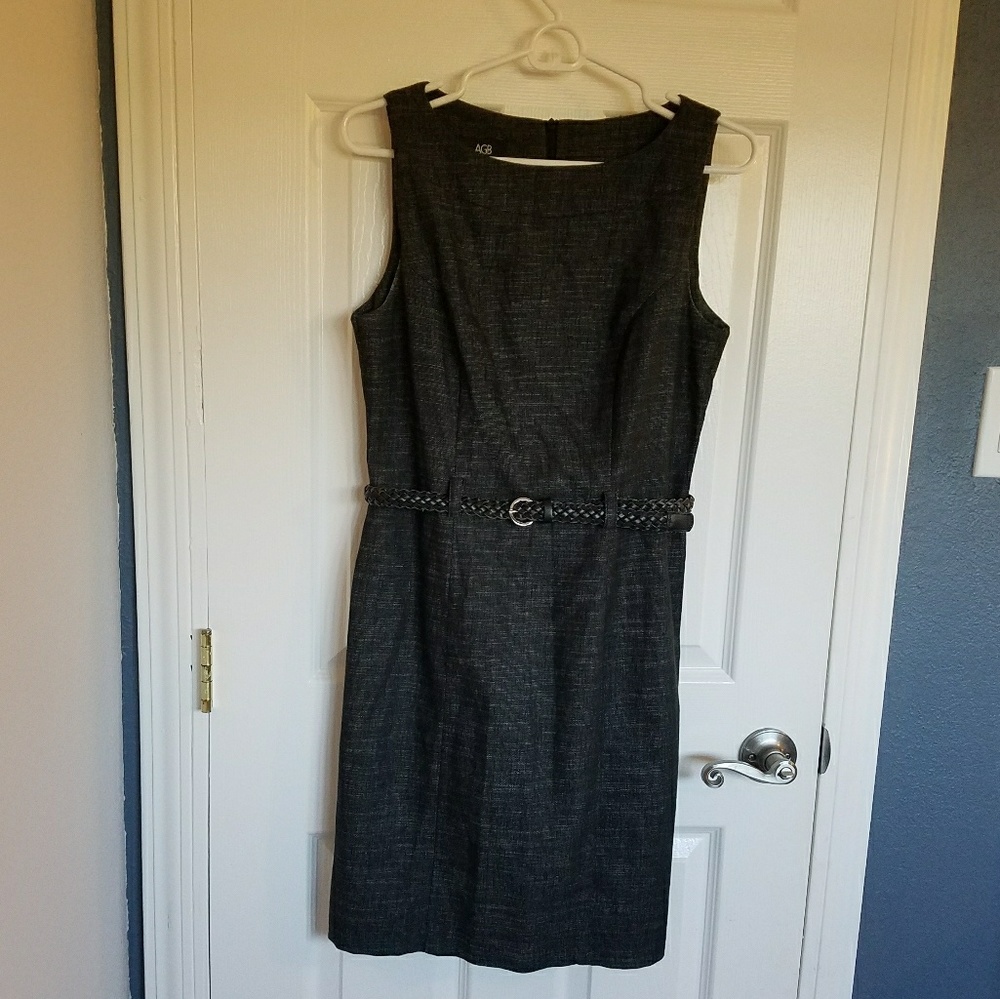 Sleeveless Belted Charcoal Boatneck Dress