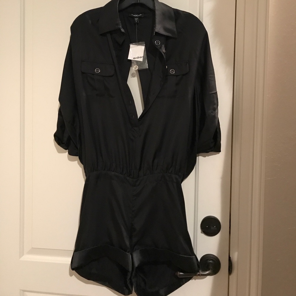 Black Silk bebe open back Romper NWT