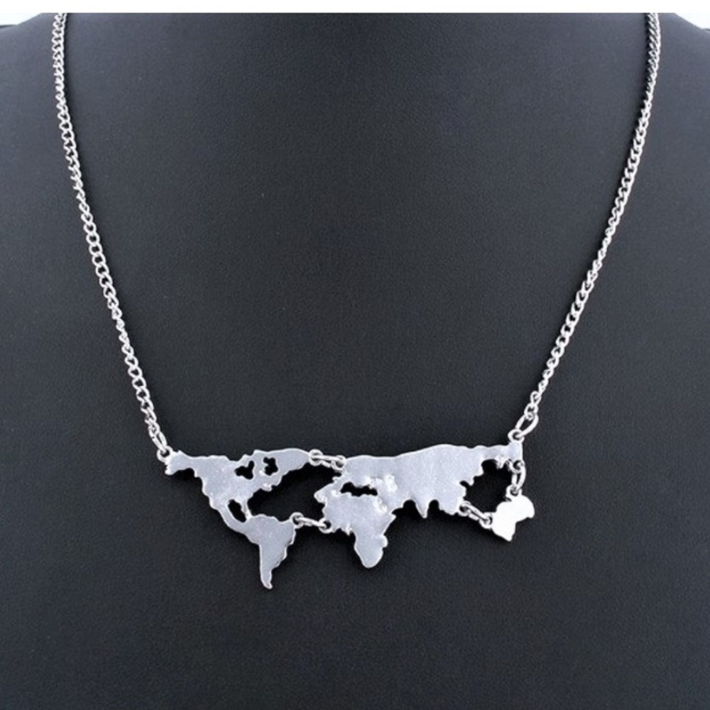 Silver world map necklace - perfect for travelers!