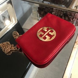 Red Tory Burch soft wristlet with zipper