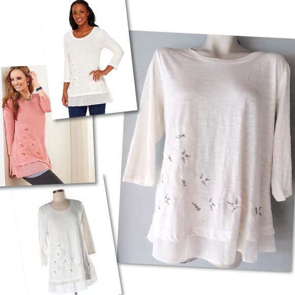 LOGO Lori Goldstein Tops - LOGO by Lori Goldstein Slub Knit Embellished Top L