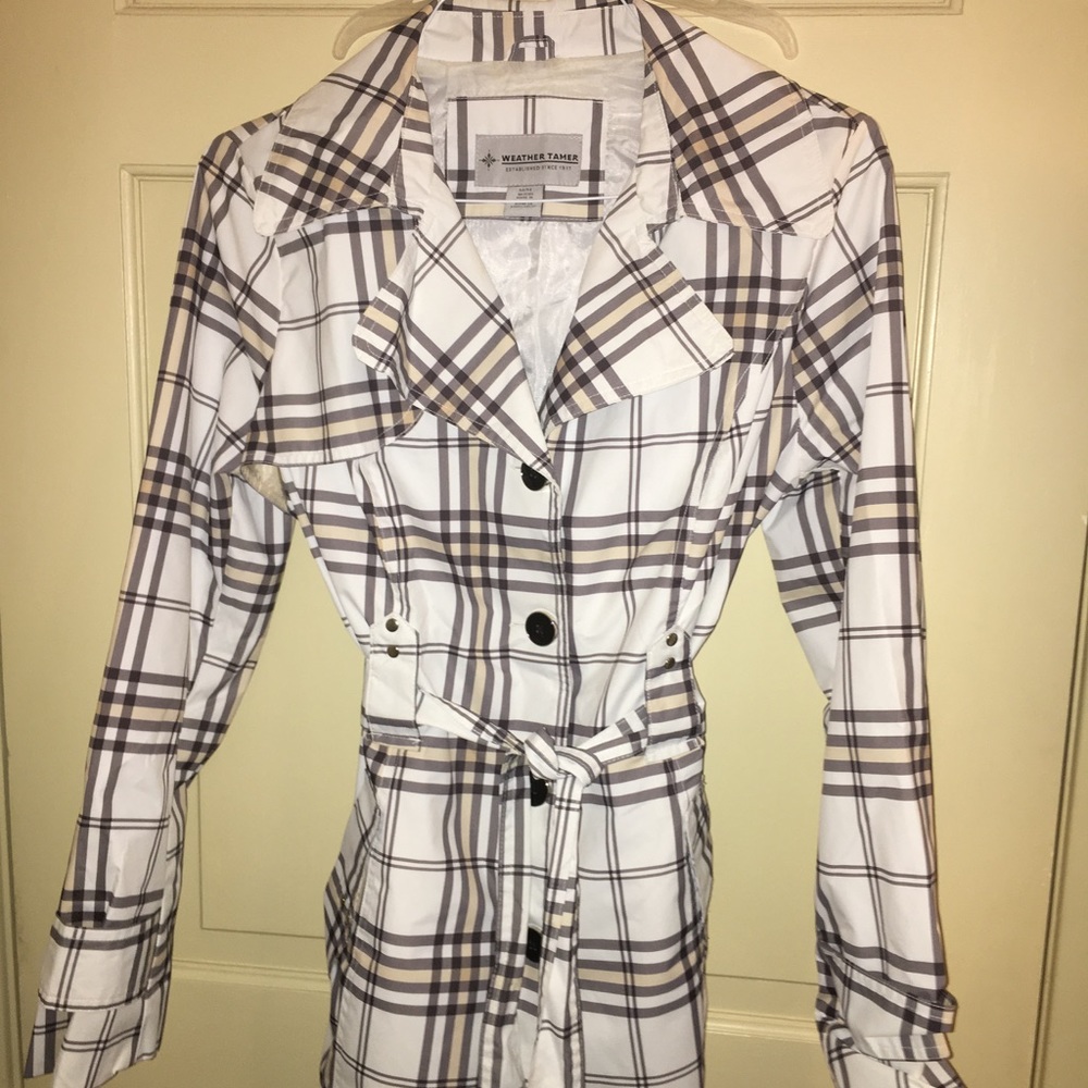 Black/white and cream striped raincoat. M