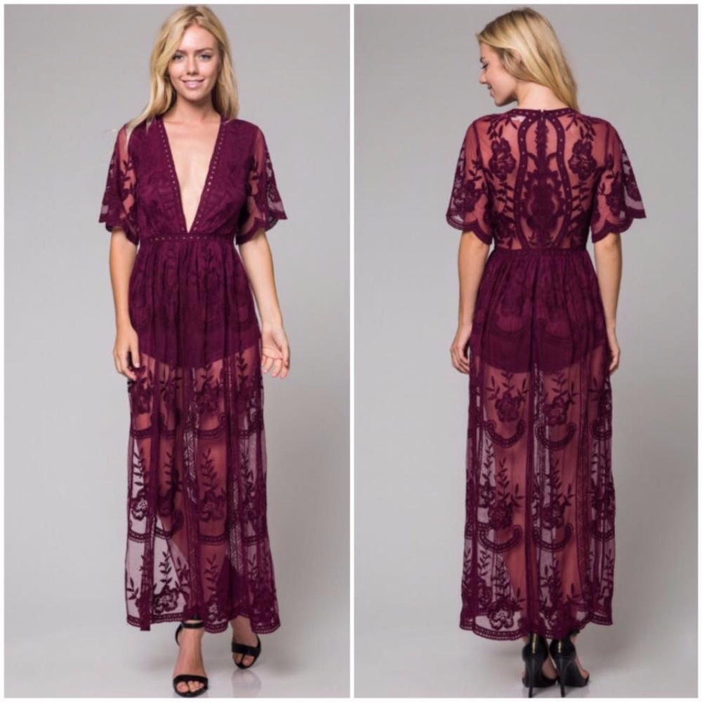 RESTOCKED | Honey Punch Lace Maxi Dress in Wine - Picture 2 of 4
