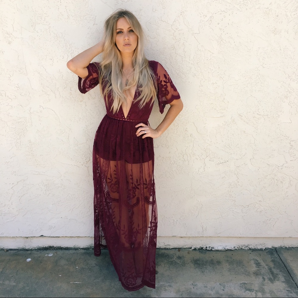 RESTOCKED | Honey Punch Lace Maxi Dress in Wine