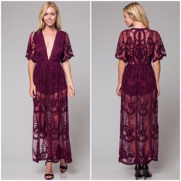 RESTOCKED | Honey Punch Lace Maxi Dress in Wine - Picture 2 of 4