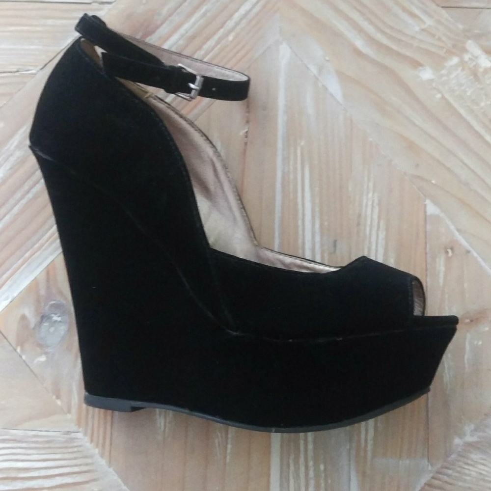 Qupid Velour Peep Toe Wedges