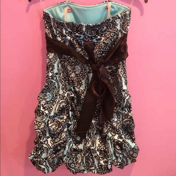 Formal Girl's Strapless Blue & Black Dress w/ Bow - Picture 2 of 3