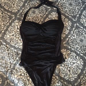 One piece black ruched bathing suit