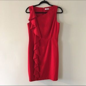 Red Calvin Klein Side Ruffle Dress