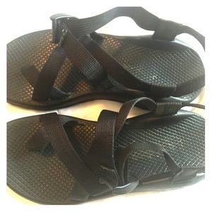 Solid black Chacos