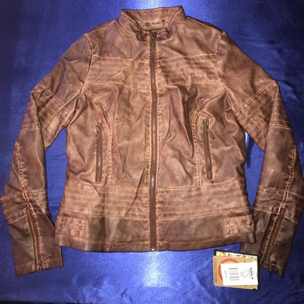 Brown Kohl's Vegan Leather Motorcycle Jacket (NEW)